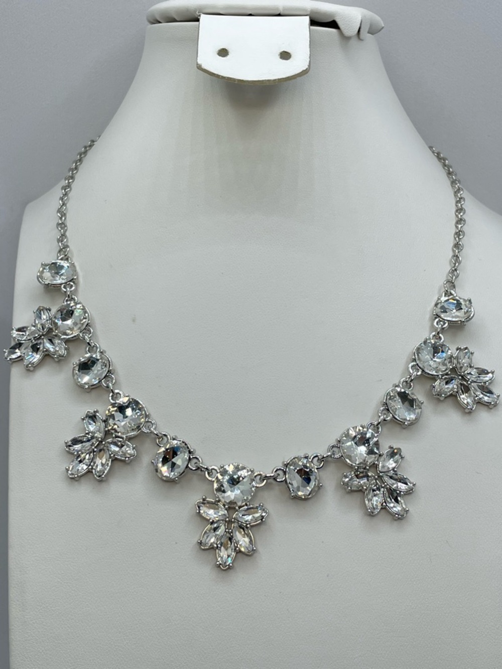 Silver Tone Crystal Floral Statement Necklace Bridal Wedding